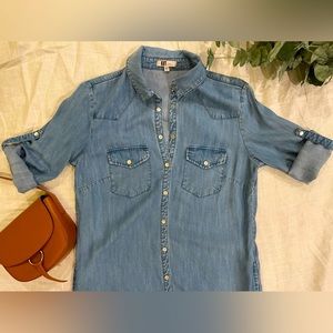 Kut from the Kloth Mini Shirt Dress w Snaps | Lightweight Fabric | Denim Color